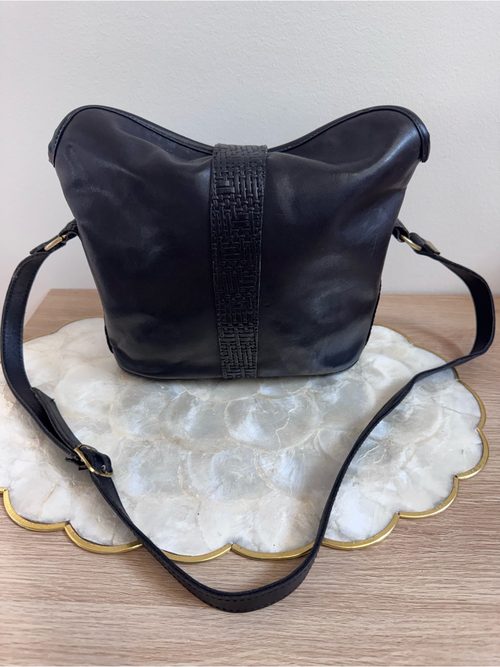 Vtg Black Leather Sling Bucket Bag Made USA